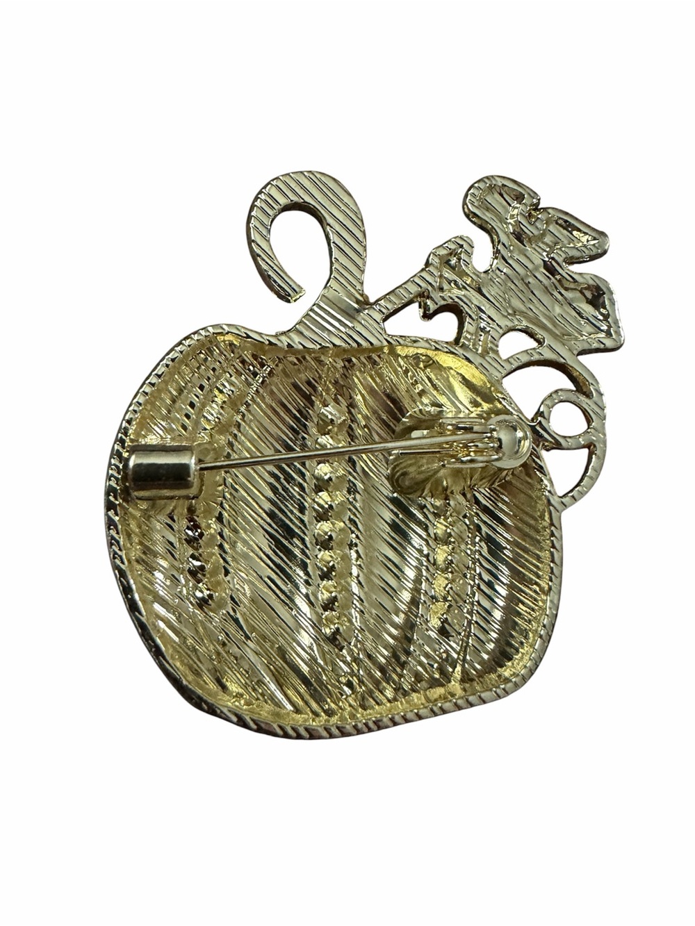 Gold-Tone Orange Pumpkin Brooch with Green Enamel Leaf - Picture 2 of 3